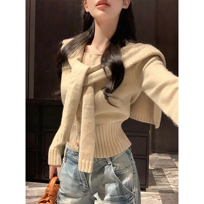Plain Long Sleeve Cardigan & Shawl Set