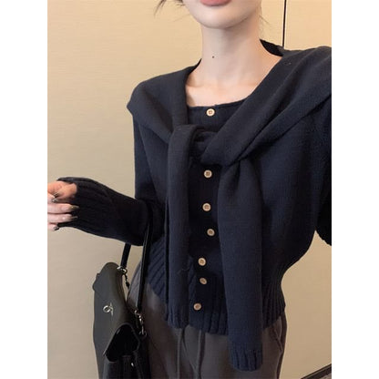 Plain Long Sleeve Cardigan & Shawl Set