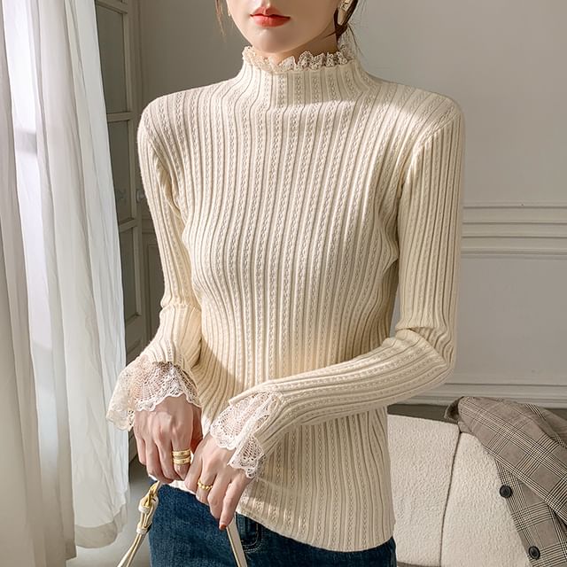 Elongated Sleeve Mock Collar Sheer Panel Snug Pullover
