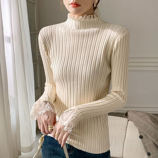 Elongated Sleeve Mock Collar Sheer Panel Snug Pullover