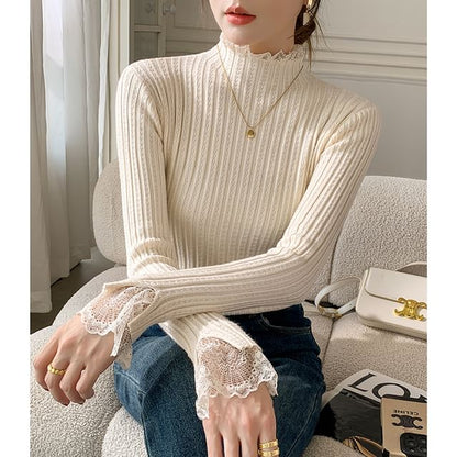 Elongated Sleeve Mock Collar Sheer Panel Snug Pullover