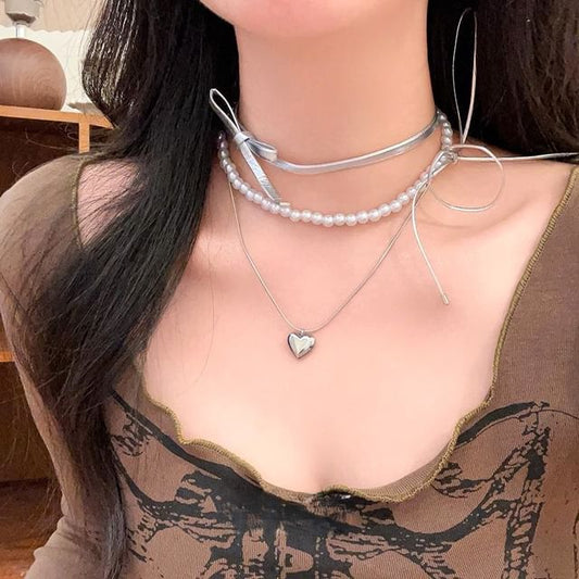 Necklace Heart / Layered Braded Set