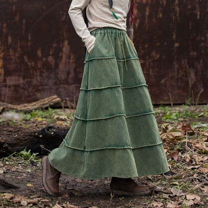Plain Ramie Maxi Skirt with Drawstring Waist