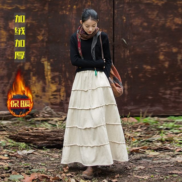 Plain Ramie Maxi Skirt with Drawstring Waist
