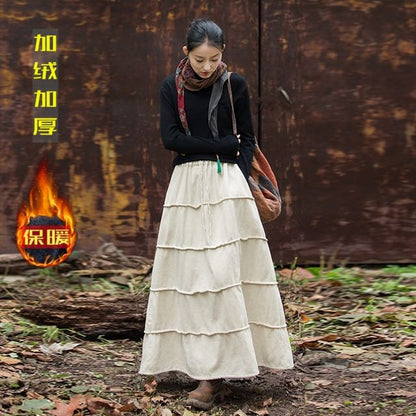 Plain Ramie Maxi Skirt with Drawstring Waist