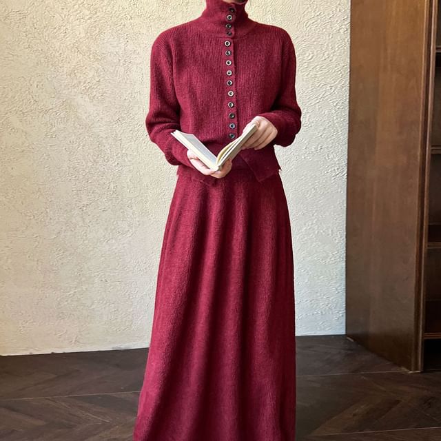 Ribbed Cardigan and Knit Maxi Skirt Set with Stand Collar