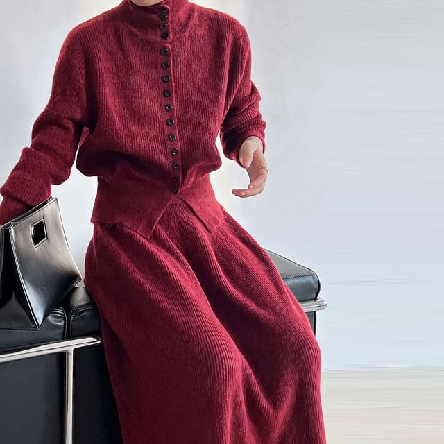 Ribbed Cardigan and Knit Maxi Skirt Set with Stand Collar
