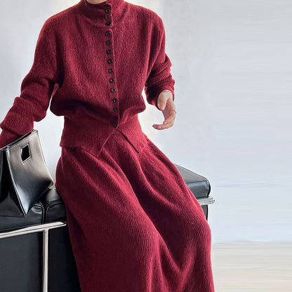 Ribbed Cardigan and Knit Maxi Skirt Set with Stand Collar