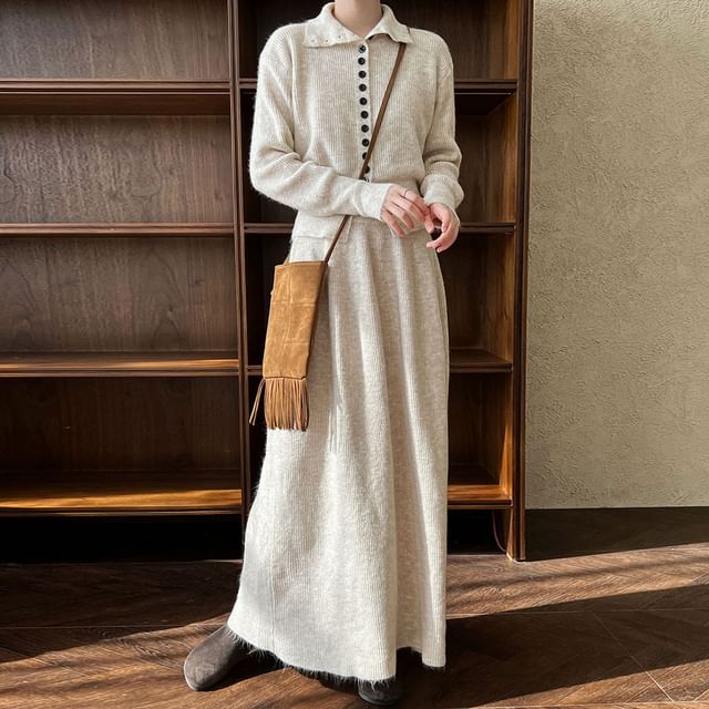 Ribbed Cardigan and Knit Maxi Skirt Set with Stand Collar
