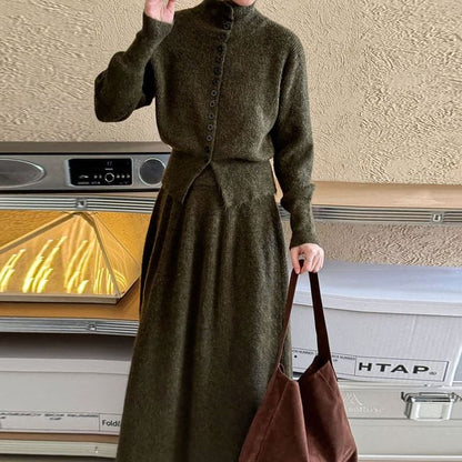 Ribbed Cardigan and Knit Maxi Skirt Set with Stand Collar