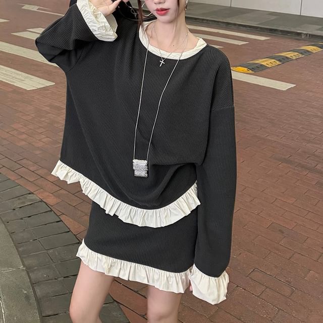 Long-Sleeve Knit Top with Ruffle Trim and Pencil Skirt Set