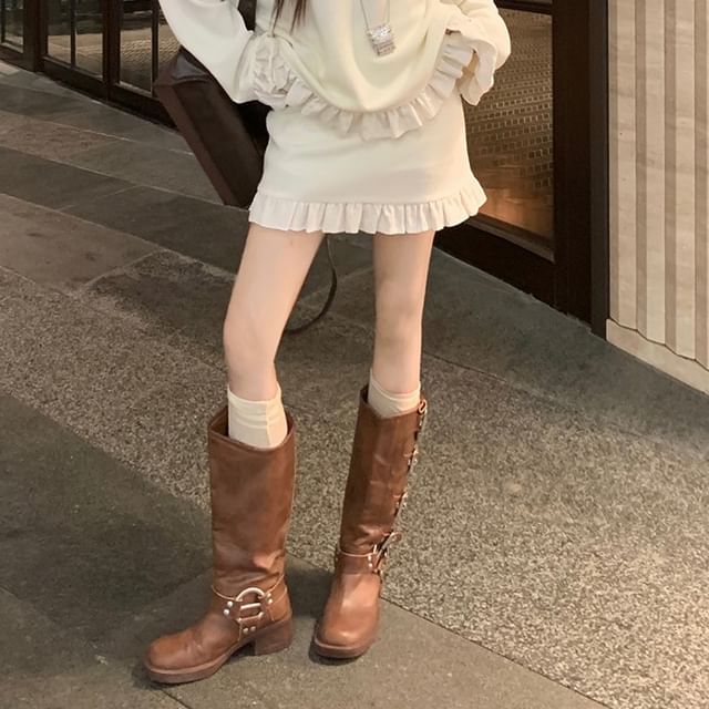 Long-Sleeve Knit Top with Ruffle Trim and Pencil Skirt Set
