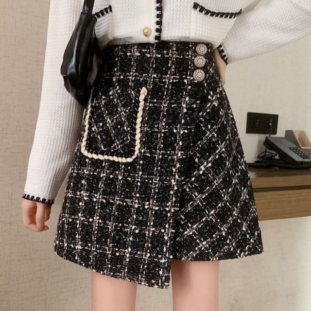 Asymmetric Plaid Mini Skirt with High Rise