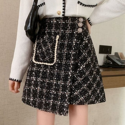 Asymmetric Plaid Mini Skirt with High Rise
