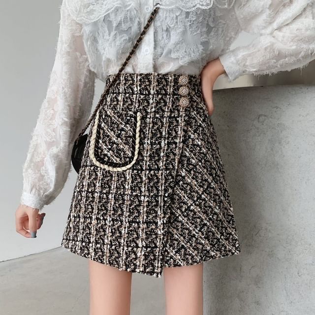 Asymmetric Plaid Mini Skirt with High Rise