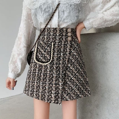 Asymmetric Plaid Mini Skirt with High Rise