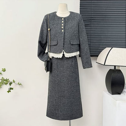 Tweed Blazer & Slit Midi Skirt Ensemble