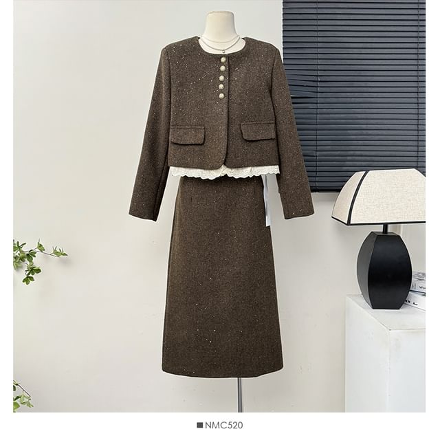 Tweed Blazer & Slit Midi Skirt Ensemble