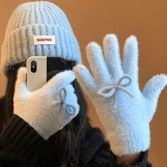 Bow Gloves Fluffy Knit