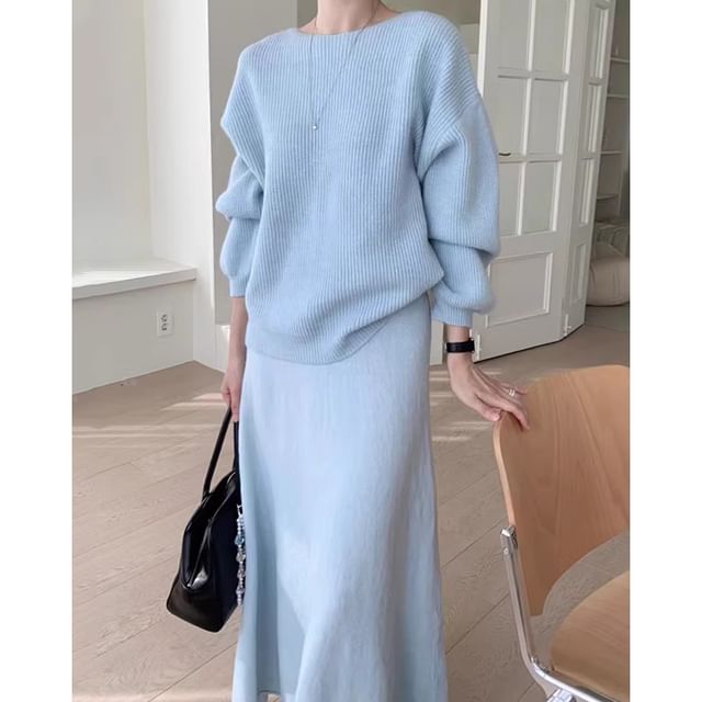 Ribbed Boat Neck Sweater and Knit Midi A-Line Skirt Set