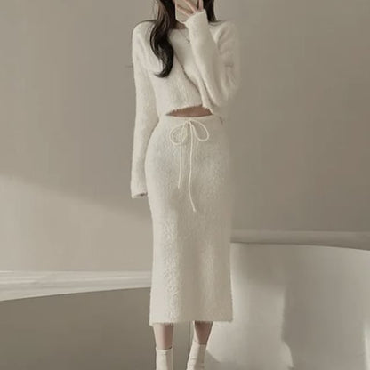Boat Neck Crop Sweater and Knit Midi Pencil Skirt Set