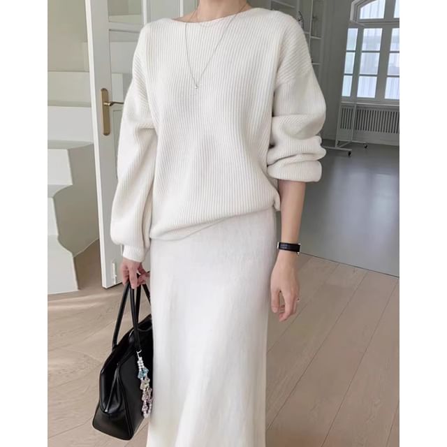 Ribbed Boat Neck Sweater and Knit Midi A-Line Skirt Set