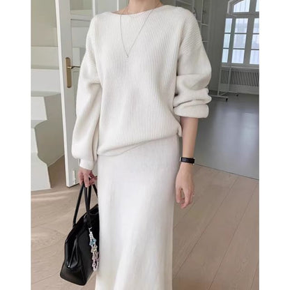 Ribbed Boat Neck Sweater and Knit Midi A-Line Skirt Set