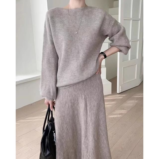 Ribbed Boat Neck Sweater and Knit Midi A-Line Skirt Set