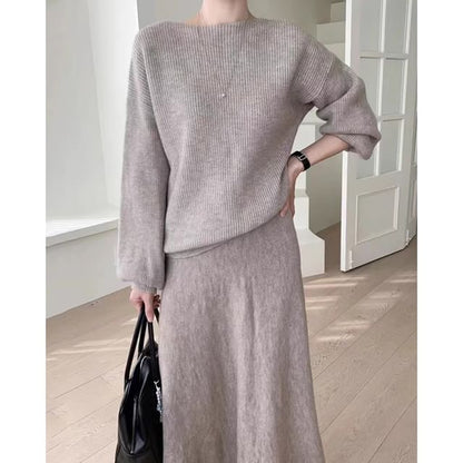 Ribbed Boat Neck Sweater and Knit Midi A-Line Skirt Set