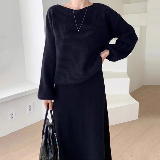 Ribbed Boat Neck Sweater and Knit Midi A-Line Skirt Set