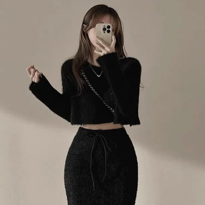 Boat Neck Crop Sweater and Knit Midi Pencil Skirt Set
