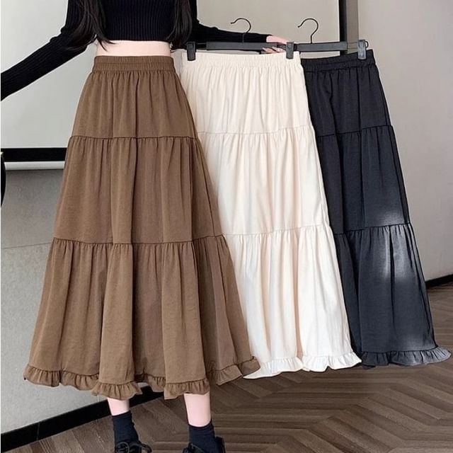 Ruffle Trim Plain Maxi Skirt with High Waist