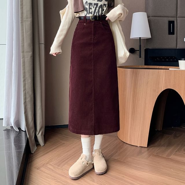 Slit Corduroy Midi Straight Skirt in Plain High-Rise Fit