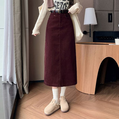 Slit Corduroy Midi Straight Skirt in Plain High-Rise Fit