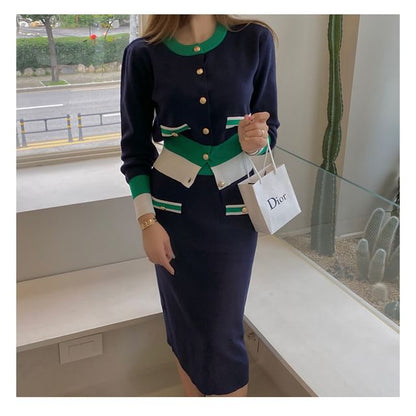 Color Block Button Cardigan with Plain Pencil Skirt Set