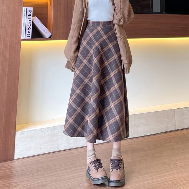 Plaid Midi A-Line Skirt with High Rise
