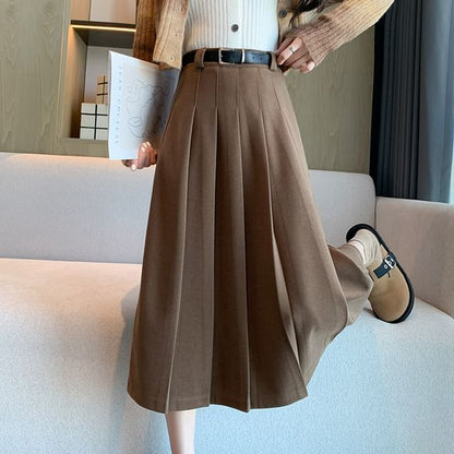Pleated Midi Skirt and Belt Set with High Waist