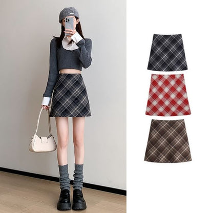 Plaid Pleated Mini Skirt with High Waist