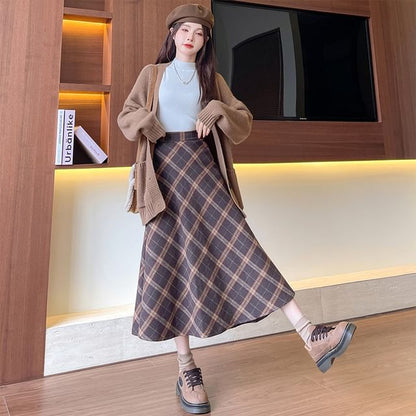 Plaid Midi A-Line Skirt with High Rise
