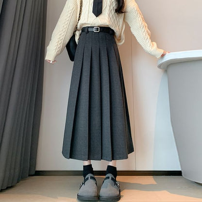 Pleated Midi Skirt and Belt Set with High Waist