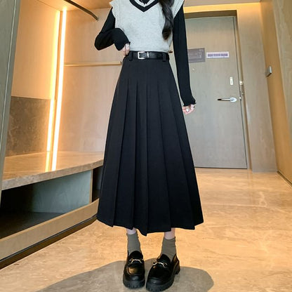 Pleated Midi Skirt and Belt Set with High Waist