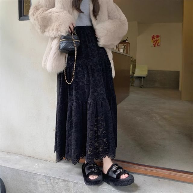 Lace Maxi A-Line Skirt with High Rise