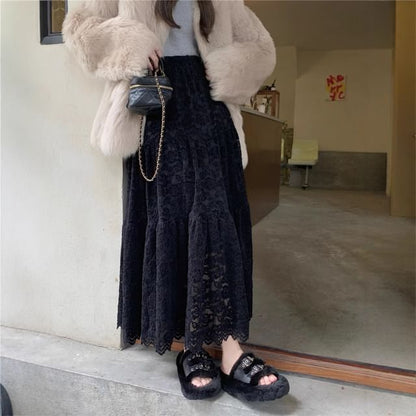 Lace Maxi A-Line Skirt with High Rise