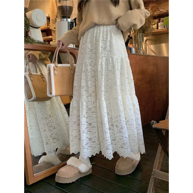 Lace Maxi A-Line Skirt with High Rise