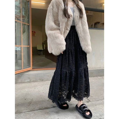 Lace Maxi A-Line Skirt with High Rise