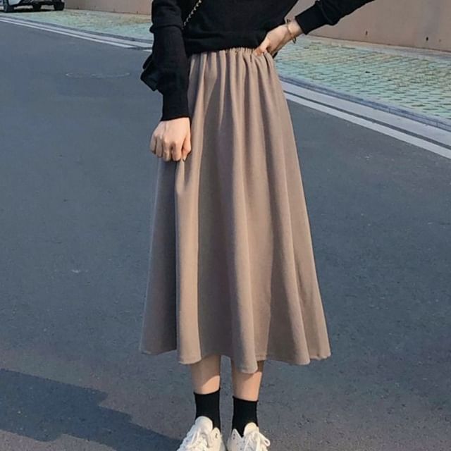 Plain Midi A-Line Skirt with High Rise