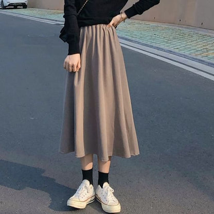 Plain Midi A-Line Skirt with High Rise