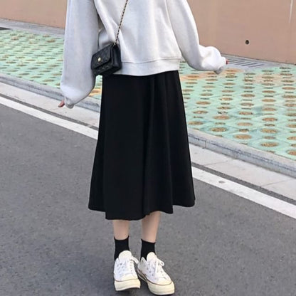 Plain Midi A-Line Skirt with High Rise