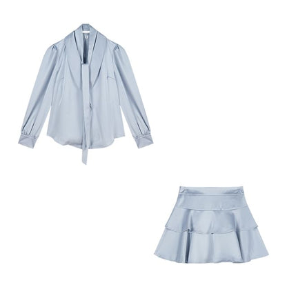 Long-Sleeve Blouse & High Waist Mini A-Line Skirt Set