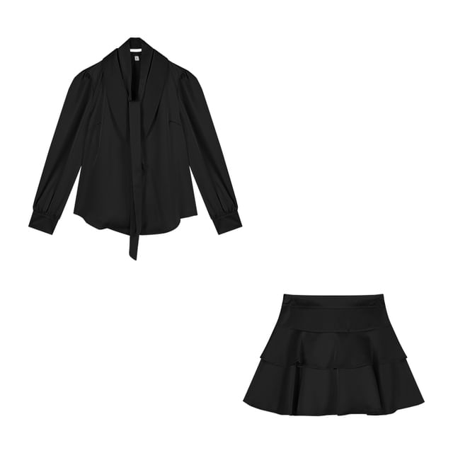 Long-Sleeve Blouse & High Waist Mini A-Line Skirt Set